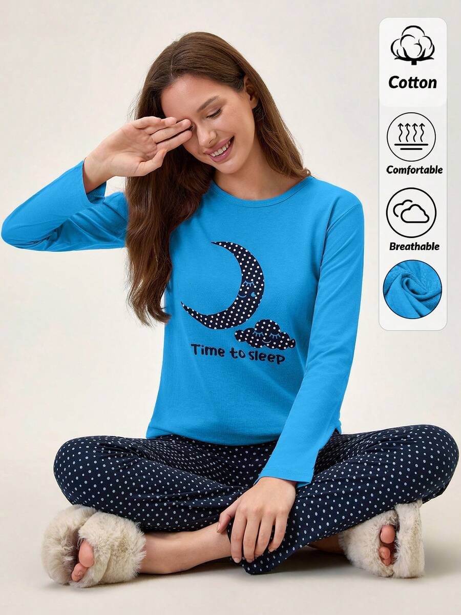 Loomlin 2pcs Cotton Contrast Colour Moon Printed Shirt And Star Printed Sleep Bottom PJ Set - Blue - View 1