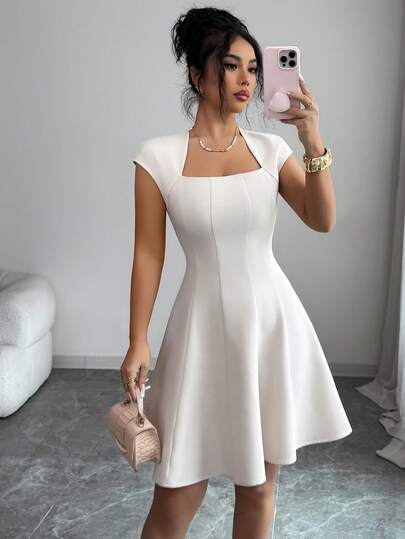 Elenzga Women's Solid Color Square Neck Waist Splice Design Umbrella Hem Raglan Sleeve Short Sleeve Apricot Short Dress, Exquisite Elegant Retro French Formal Office Commute Business Casual Beach Holiday Afternoon Tea Street Minimalist Versatile Vintage Australian Leisure Party Bohemian Spring/Summer New