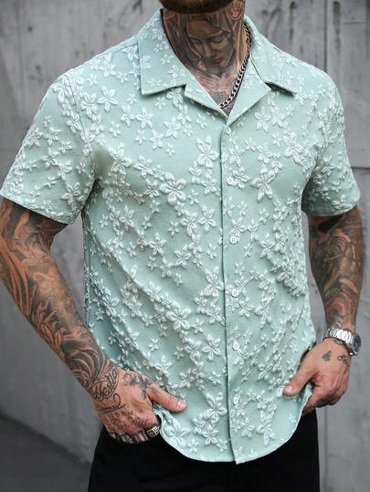 Manfinity Homme 纯色前扣压纹休闲夏季短袖衬衫