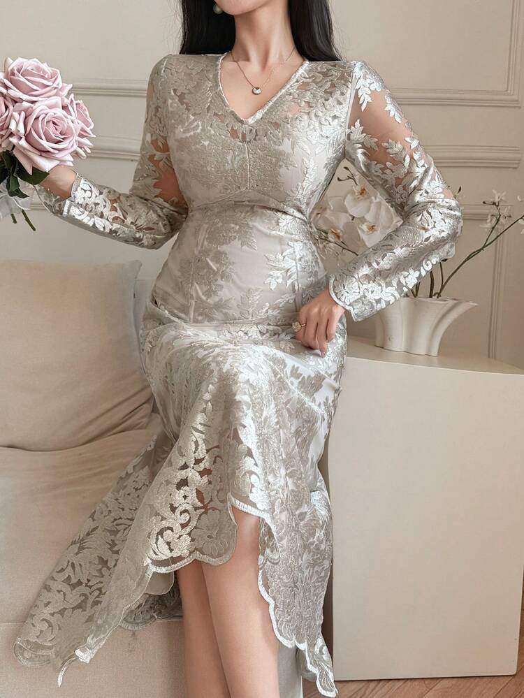 Women's V-Neck Jacquard Elegant Waist Cinched Midi Party Dress Sundress
