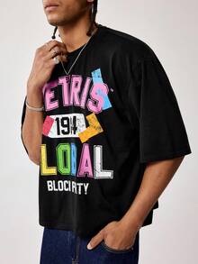 Tetris™ X SHEIN Men's Round Neck Letter & Number Print Casual Versatile Daily Wear Short Sleeve T-Shirt - Black - View 5
