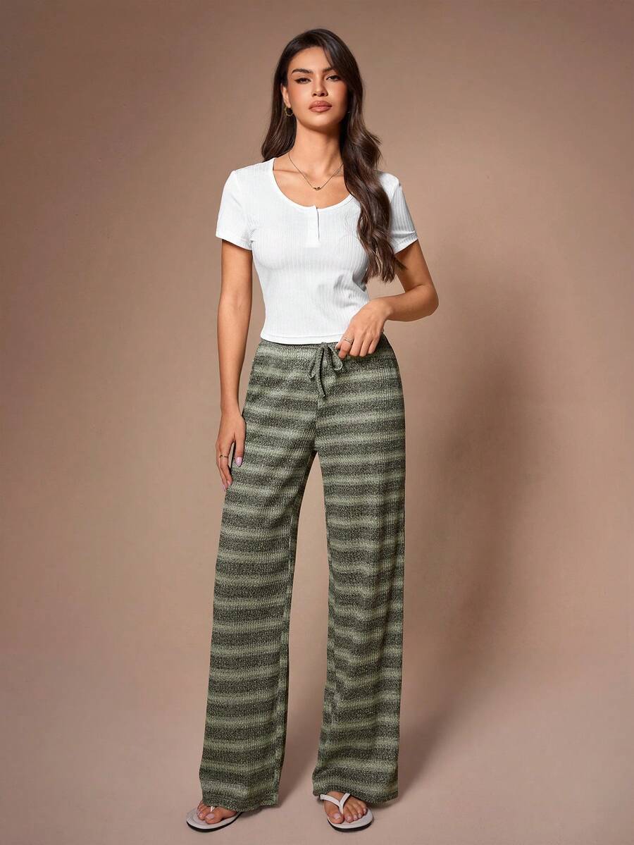 SHEIN 女士休闲条纹短袖半拉链领上衣和裤子家居服套装 - 白色 - 查看 1