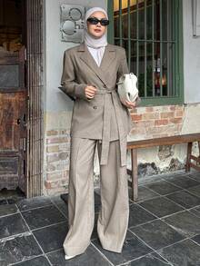 DAZY Spring & Summer Casual Vacation Style Fashion Loose Belted Waist Tie Loose Pants Women 2-Piece Set - Khaki - View 5