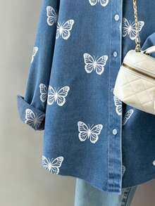 Resyla Camisa de mujer con efecto de mezclilla y estampado de mariposa retro - Multicolor - Ver 3