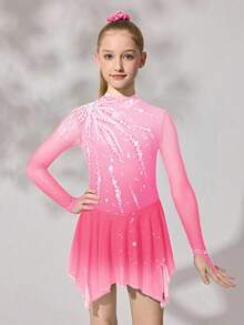 Tween Girls Figure Skating Dress, Pink Floral Design, High Stretch Fitted Silhouette With Sparkling Crystal Print, Smooth Flowing Mesh Skirt - Pink - View 3
