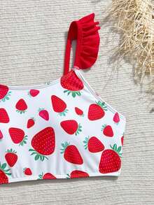 SHEIN Vintaside Kids 少女可爱草莓红荷叶边弹力舒适夏季户外游泳舒适吊带短裤围裙粉色网纱针织面料三角泳衣套装，时尚休闲优雅，适合游泳、度假、夏季海滩两件套，适合少女草莓印花比基尼泳衣带裙子夏季两件套，少女草莓比基尼草莓泳裙草莓泳衣女孩夏季度假套装 - 紅白色 - 查看 4