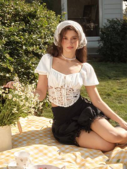 SHEIN MOD Water-Soluble Floral Waist Ruffle Petal Sleeve Ruched Bust Blouse For Women