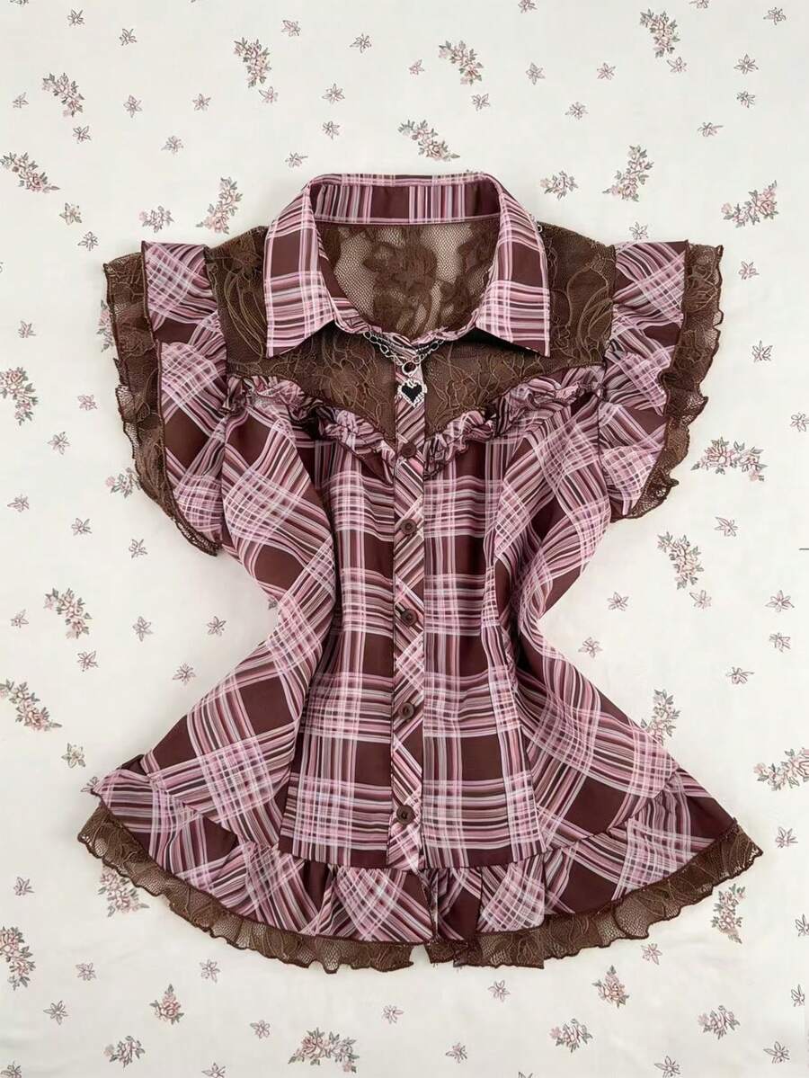 Elamini 女士甜美休闲日常百搭时尚通勤格纹撞色蕾丝边短袖收腰衬衫，春夏款 - 彩色 - 查看 1