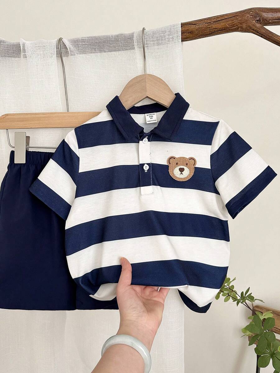 LMoss Kids 2pcs/Set Young Boy Knitted Bear Graphic T-Shirt And Shorts Set - Blue and White - View 1