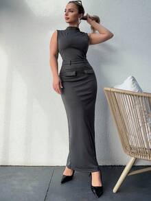 Jeta Ari 2 件套女士纯色领无袖上衣和迷你裙，简约风格 - 深灰色 - 查看 5