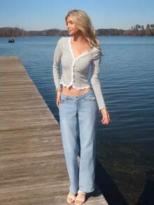 Sydney Algeri 女士条纹蕾丝荷叶边修身开衫，长袖 - 黑與白 - 查看 1