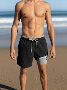 Manfinity Swimmode Quần short đi biển nam mùa hè kẻ sọc phối nhiều màu, có dây rút, màu xám, quần bơi nam, đồ bơi đi biển nam, quần short đi biển nam. - màu đen - Xem 6