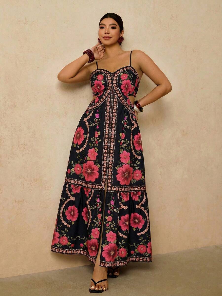 Travachic 大码女式黄色热带植物印花连衣裙，吊带露腰镂空连衣裙，秋季连衣裙 - 彩色 - 查看 1