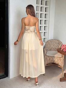 Lucivie Women's Pale Yellow Embroidered Strapless Long Dress,Elegant White Floral Summer Holiday Vacation,Party Wedding Guest Beach Casual Evening Gown - Apricot - View 3