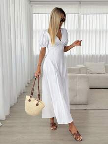 Easowa Váy nữ phong cách Pháp thanh lịch màu trắng trơn cổ chữ V tay cánh hoa, váy mặc đi chơi mùa hè, váy dạo phố thường ngày cho nữ, váy thanh lịch cho nữ, váy lễ tốt nghiệp, váy tiệc trà, trang phục kín đáo cho nữ, váy dã ngoại cho nữ, váy thường ngày cho nữ, trang phục đi nghỉ Hy Lạp cho nữ, váy thời thượng cho nữ, đồ đi resort cho nữ, váy đi nghỉ cho nữ, trang phục tiệc thanh lịch, váy mới về cho nữ, váy thường ngày cho nữ - Trắng ngà - Xem 5
