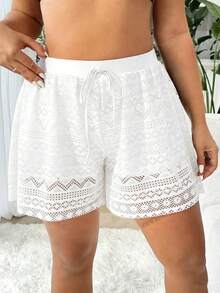 SHEIN Swim Curve 加大码女式黑色高弹特殊面料休闲宽松二合一沙滩裤 - 白色 - 查看 1