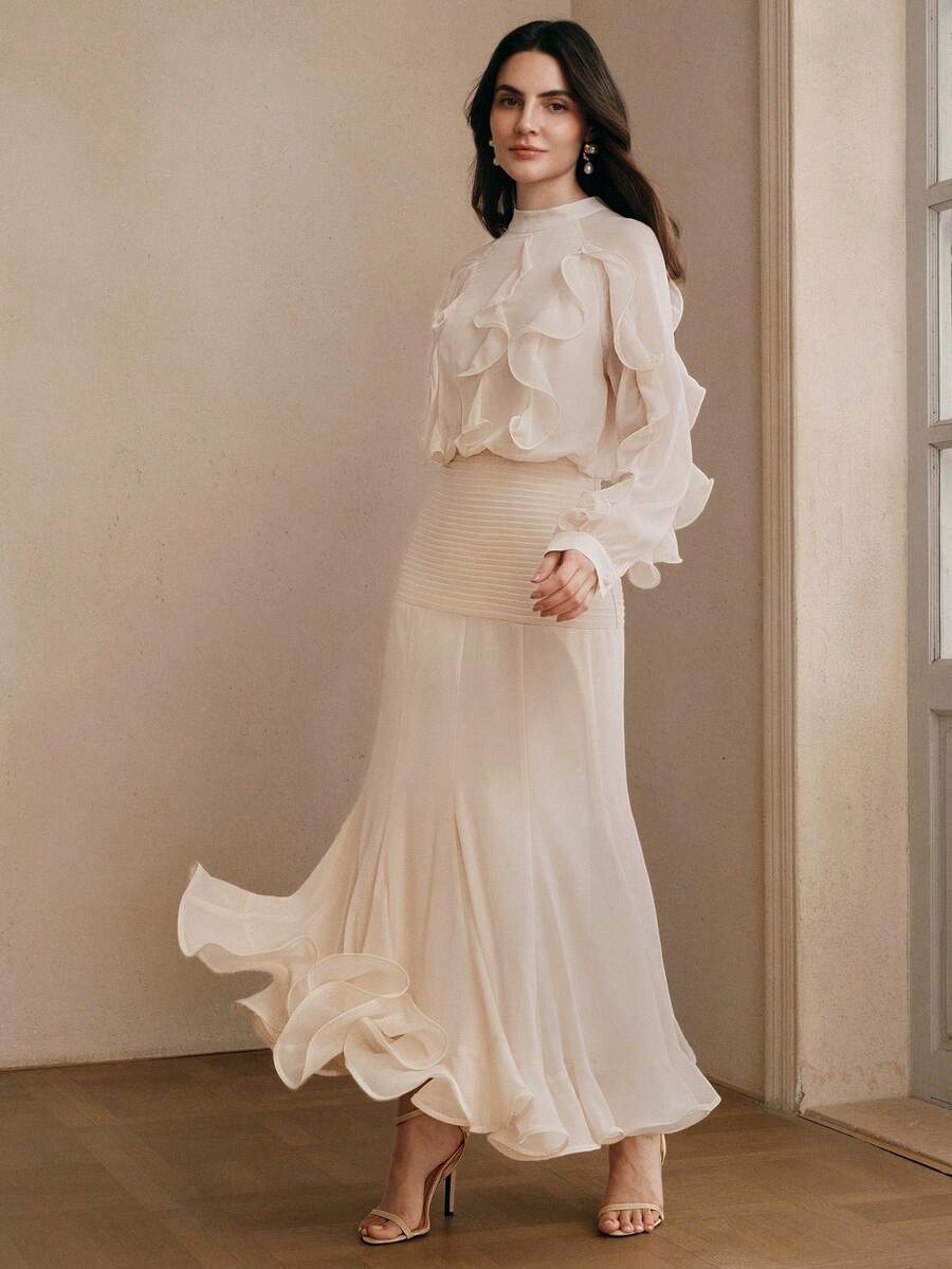 Đầm dự tiệc mùa hè mới của Anewsta, kiểu dáng lãng mạn, cổ chữ V, chất liệu chiffon, tay dài, xếp ly, phối họa tiết, dáng xòe, chất liệu patchwork, dành cho nữ. - Màu be - Xem 1
