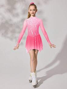Tween Girls Figure Skating Dress, Pink Floral Design, High Stretch Fitted Silhouette With Sparkling Crystal Print, Smooth Flowing Mesh Skirt - Pink - View 7