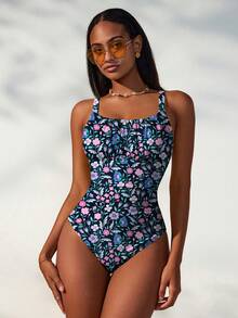 Swim Mod Damen Ditsy Floral geraffter Badeanzug, modisch für den Urlaub - Mauve - Übersicht 5