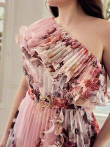 MOTF PREMIUM PLUS SIZE WOMEN'S FLORAL PRINT ASYMMETRICAL NECK PLEATED DRESS, SPRING/SUMMER - Pink - View 2