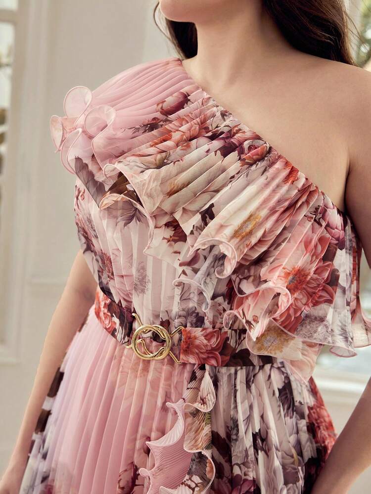 PLUS SIZE WOMEN'S FLORAL PRINT ASYMMETRICAL NECK PLEATED DRESS, SPRING/SUMMER