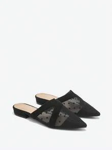 秋冬波点透视网眼平底穆勒鞋 - 黑色 - 查看 6