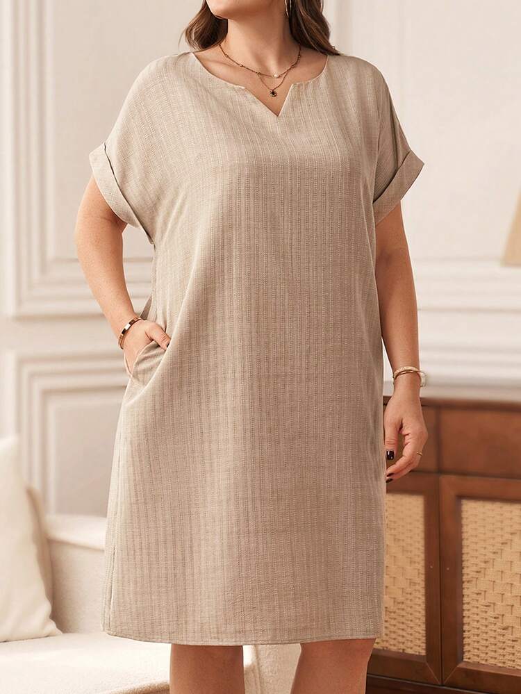 Plus Size Women's Summer Casual Vacation Country  Short Sleeve Solid Color Striped Dress With Pockets, ,Summer\Vacation,Summer Holiday,Spring Break Outfits ,Vacation Outfits Women ,Holiday Outfits For Women,Going Out Outfits,2026 New Clothes,Simple And Fashionable For Everyday Wear,Suitable For Summer, Vacation, Daily Wear,Suitable For Summer, Vacation, Daily Wear,Dresses For Women,Flowy Dress ,Beach Outfits For Women,Casual Vacation Boho Dress, Plus Size Dress With Pockets