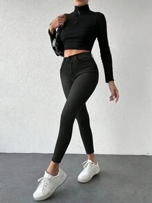 EURMUSE 97% Cotton Solid Skinny Cropped Jeans - Black - View 6