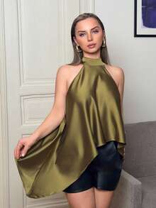 Jeta Ari Olive Green Satin Halter Neck Backless Loose Maxi Dress, Sexy A-Line Top Suitable For Spring/Summer Vacation, Beach, Elegant Wedding Guest, Holiday, Autumn/Winter Evening Occasions - Olive Green - View 5