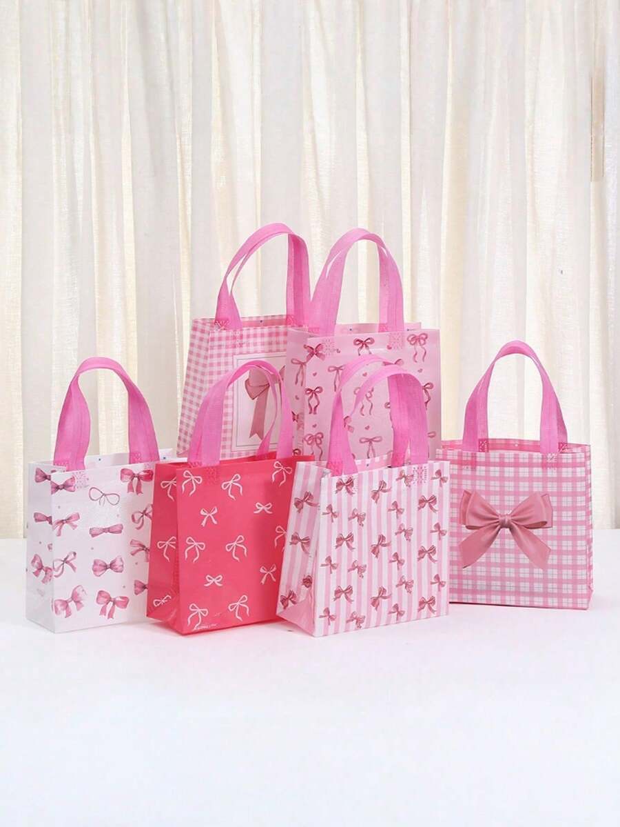 6/12/24PCS Random Sweet Bow Print Non-Woven Tote Bags Birthday Gift Wrapping Bags Creative Fresh And Simple Holiday Gift Bags - multicolor - View 1