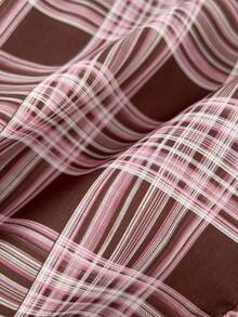 Elamini 女士甜美休闲日常百搭时尚通勤格纹撞色蕾丝边短袖收腰衬衫，春夏款 - 彩色 - 查看 3