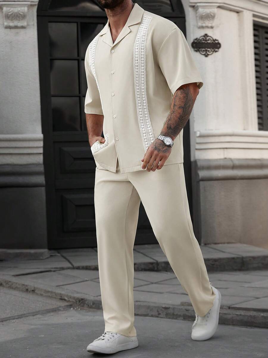 Manfinity CasualCool Men's Casual Vacation Style Contrast Lace Short Sleeve Shirt And Drawstring Waist Long Pants Set, Spring/Summer/Autumn Mens 2 Piece Pants Set Mens Co Ord Set Cream Outfit Men Mens Shirt And Pants Set - Apricot - View 1