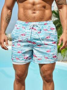 Manfinity Swimmode Men's Casual Flamingo Print Beach Shorts Pool Party Mens Swimwear Men Swim Trunks Flamingo Print Turquoise Swim Trunks - Baby Blue - View 4