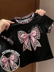 SHEIN 女童圆领短袖蝴蝶结印花豹纹图案休闲百搭T恤，夏季 - 彩色 - 查看 2