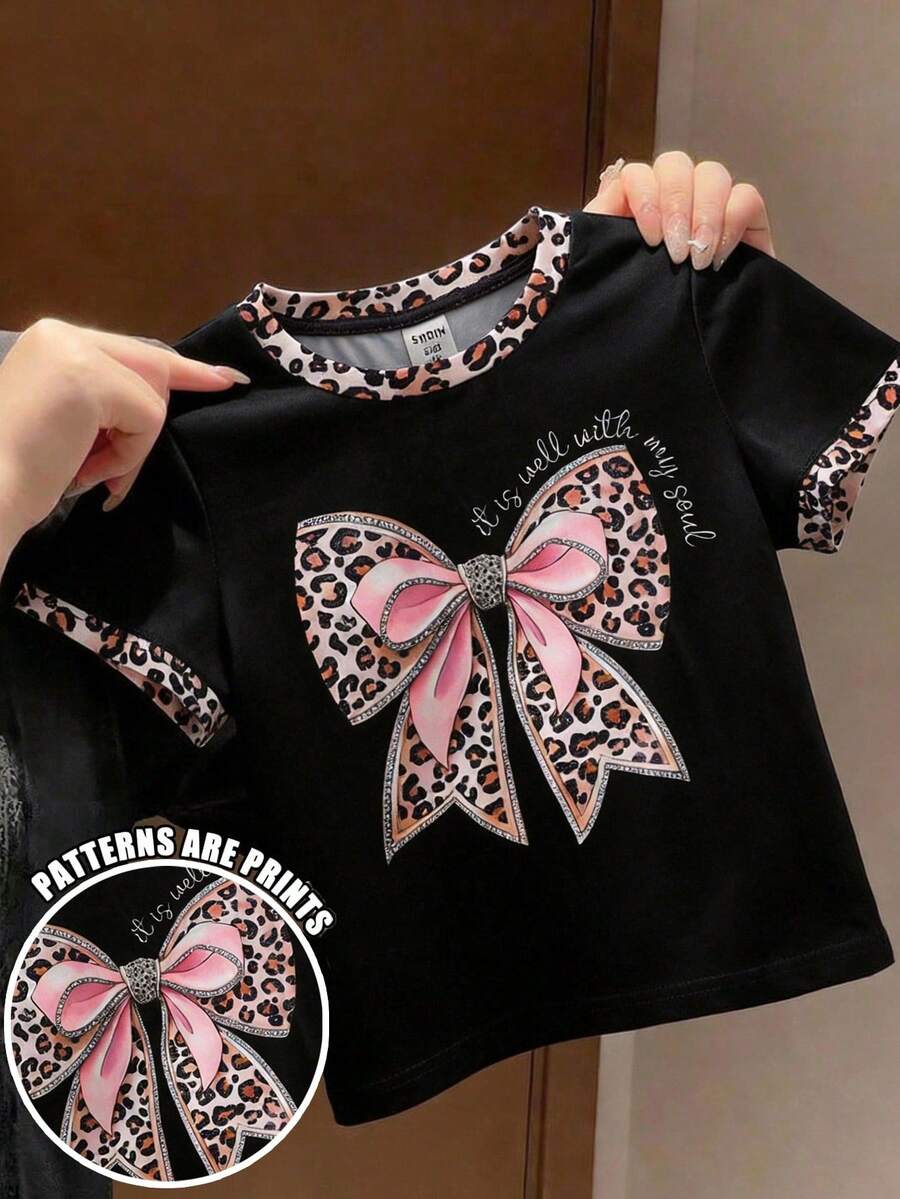 SHEIN 女童圆领短袖蝴蝶结印花豹纹图案休闲百搭T恤，夏季 - 彩色 - 查看 1