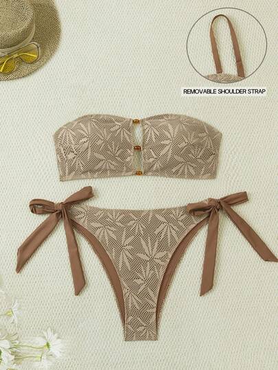 Swim Chiccia Plus Size Women's Sexy Bikini 2-Piece Swimwear, Coffee Color, Mesh Fabric, Resin Beads, Adjustable Straps, Suitable For Beach, Party, Vacation