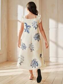 Anewsta 可爱女童宽松飘逸连衣裙，夏季舒适宽袖3D花朵+碎花裙装 - 杏色 - 查看 2