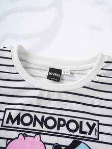 MONOPOLY X SHEIN Young Girl Striped Round Neck Cartoon Letter Print Casual Versatile Daily Wear Short Sleeve T-Shirt - Black - View 3