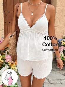 SHEIN Maternity Vacation Solid Color Ruffle Hem Camisole & Shorts 2 Pieces Set Summer White 2 Pieces Summer Holiday Outfits - White - View 7
