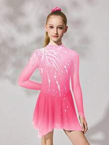 Tween Girls Figure Skating Dress, Pink Floral Design, High Stretch Fitted Silhouette With Sparkling Crystal Print, Smooth Flowing Mesh Skirt - Pink - View 5