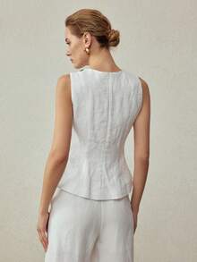 MOTF PREMIUM 100% LINEN METAL BUCKLE DECOR VEST TOP, VINTAGE STYLE, SPRING/SUMMER - White - View 4