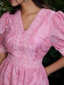 Modelyn V-Neck Embroidered Petal Sleeve Pink Dress - Pink - View 2