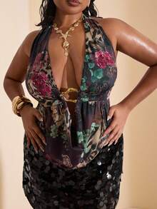 SHEIN BAE Plus Size Black Summer Boho Halter Top For Women,Leopard Floral Print Vacation Holiday Top,Hawaiian Style Westerns Cowgirls Curve Wear - Multicolor - View 3