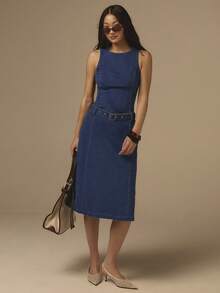 COSMINA Đầm denim không tay dành cho nữ, đầm denim cổ tròn có thắt lưng, đầm denim thanh lịch dành cho nữ, phù hợp cho đi làm, hẹn hò, mặc hàng ngày, trang phục mùa hè cho nữ, đầm denim màu xanh dương. - Màu xanh lam - Xem 1