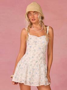 Athîral Women's Casual Vacation Sleeveless Off Shoulder Blue Embroidered Mini Dress, Suitable For Spring And Summer Wear, Date Party Wear, Graduation Dress, Wedding Wear, Cute And Playful Dress, Date Party Wear, Music Festival Wear, Holiday Wear - Blue and White - View 3