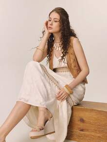 Styleloop 女士厚底坡跟凉鞋 红色夏季露趾草编鞋 波西米亚风度假正装鞋 罗马沙滩凉鞋 - 卡其色 - 查看 4