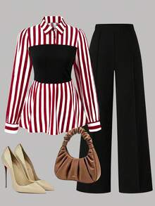 SHEIN Clasi 大码优雅通勤印花长袖衬衫和纯色长裤两件套 - 紅色 - 查看 3