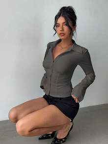 Aloruh Women's Elegant Spring/Summer Commute & Daily Wear Simple Solid White Short Sleeve Ruched Waist Long Sleeve Blouse - Grey - View 4