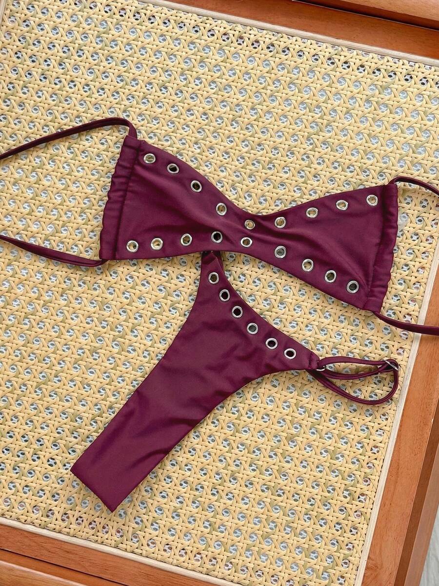 SHEIN Swim 2025新款女士纯色性感抹胸沙滩度假夏季休闲性感泳装套装 - 紫色 - 查看 1