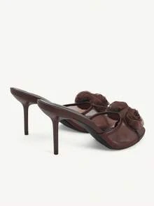 CUCCOO CHICEST 女士鞋履 春夏网面拼接立体花朵装饰露趾细高跟鞋，法式复古风，女士高跟凉鞋，居家穿着，约会，下午茶，购物派对，节日礼物 - 咖啡棕 - 查看 6
